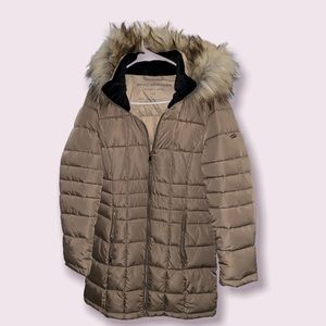 Faux-Fur-Trim Hooded Down Puffer Coat